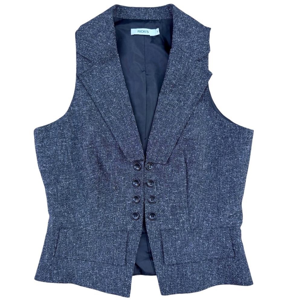 Ricki's Tweed Vest Grey‎ Tailored Button Peplum Dark Academia Waistcoat Size 2